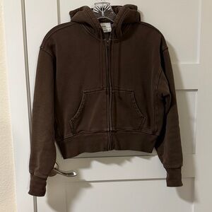 Aritzia TNA Sweat fleece Cozy Fleece Boyfriend Fit Brown Zip-Up Hoodie Size XXS